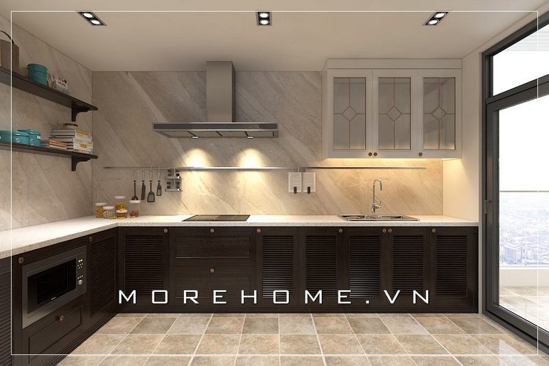 Thiết kế nội thất phòng bếp gỗ hiện đại, tone màu nâu trầm ấm cúng và sạch sẽ 