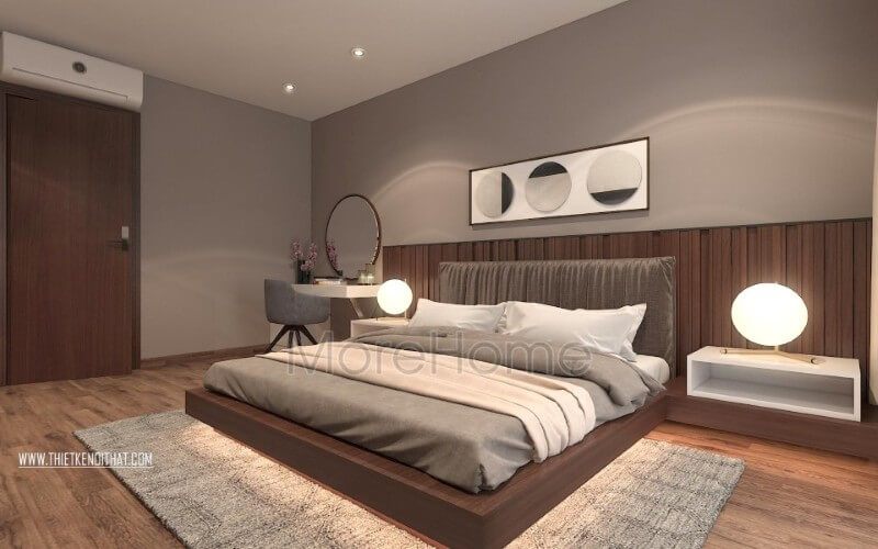 Mẫu giường ngủ thấp được thiết kế hiện đại, đơn giản nhưng mang trong nó là sự sang trọng, hiện đại với màu nâu cánh gián nhẹ nhàng tạo cho phòng ngủ nhà bạn thêm thanh thoát hơn